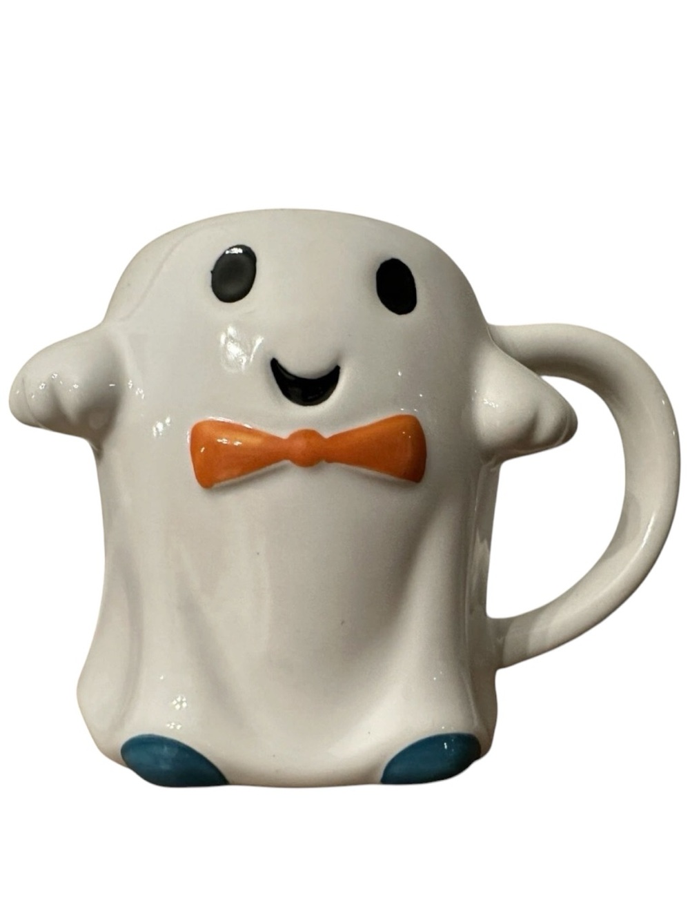 Adorable Hyde & EEK Halloween Ghost Mug Stoneware Orange Bow Tie Blue Feet